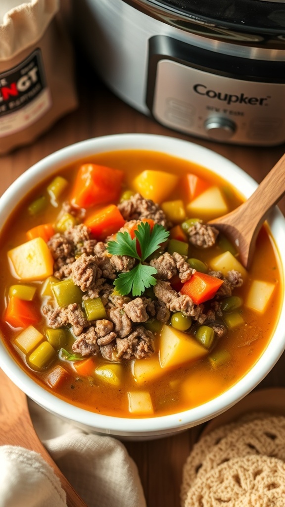 A bowl of hamburger vegetable soup with ground beef, carrots, green beans, and potatoes, garnished with parsley, on a rustic table.